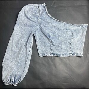 Idem Ditto Acid Wash Denim One Shoulder Puff Sleeve Crop Top NWT S Rave Festival